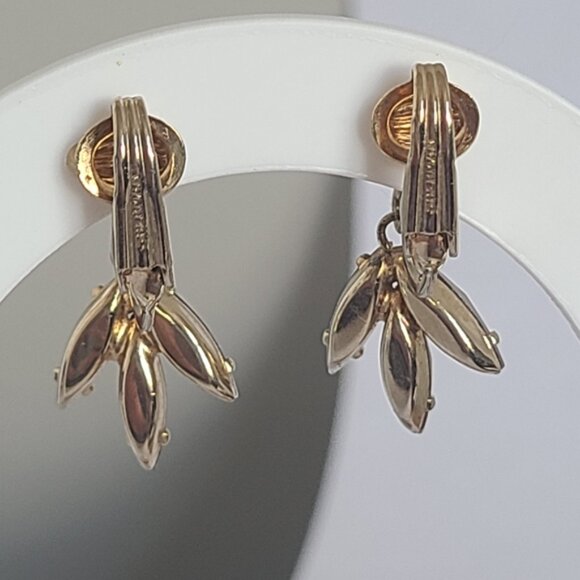 Vintage SHERMAN Aurora Borealis Crystal Gold Flower Drop Dangle Clip-On Earrings - Picture 9 of 13